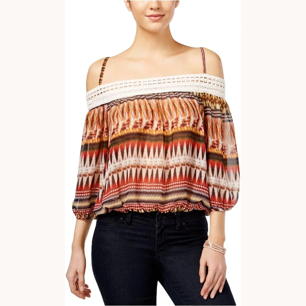 BCX Clothing sheer cold-shoulder pullover blouse
